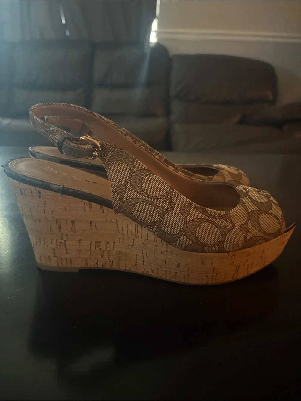 Vintage Coach Signature Canvas Peep-Toe Slingback Wedges